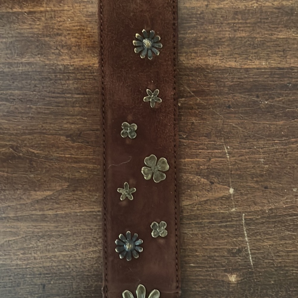 Moschino brown suede belt with brass flower studs